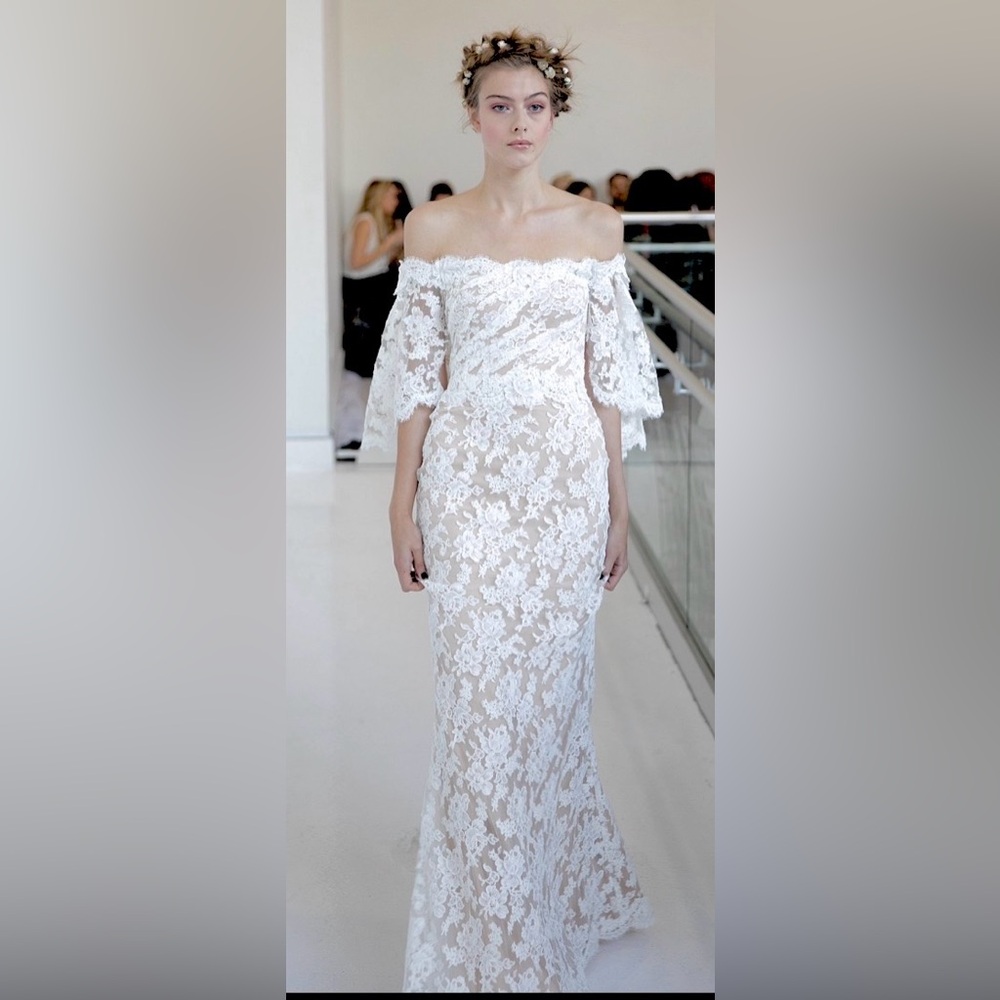 Reem Acra Dalma Off-Shoulder Lace Wedding Dress off white Sz 10- street 8 $7995